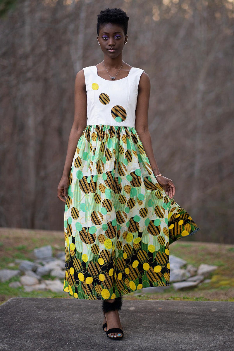 Gueye African Print Maxi Dress (White/ Yellow / Green) - Afrilege