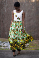 Gueye African Print Maxi Dress (White/ Yellow / Green) - Afrilege