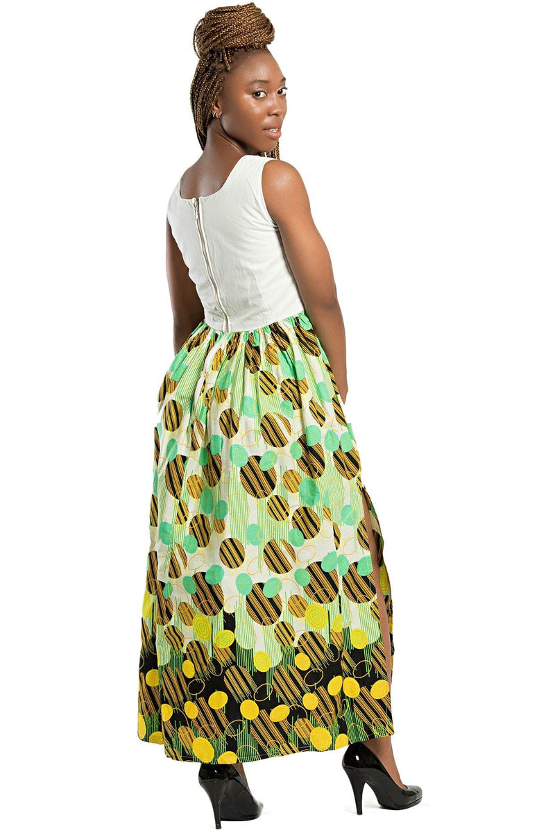 Gueye African Print Maxi Dress (White/ Yellow / Green) | Afrilege