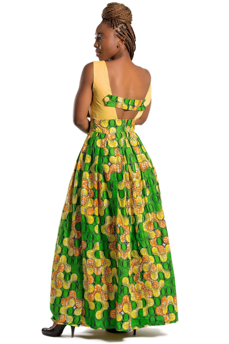 Nakato African Print Maxi Dress (Yellow / Green) - Afrilege
