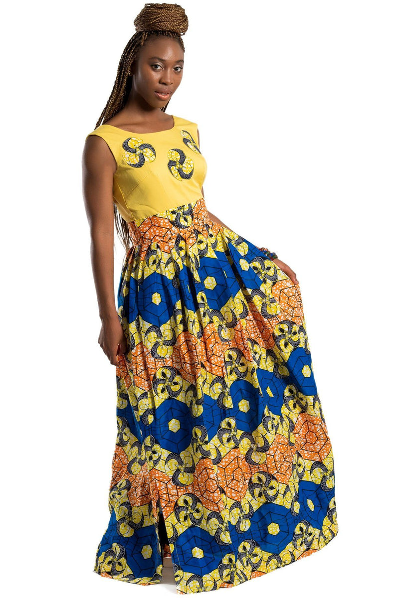 Nontle African Print Maxi Dress (Yellow / Orange / Blue), 2XL | Afrilege Nontle African Print Maxi Dress (Yellow / Orange / Blue), 2XL | Afrilege