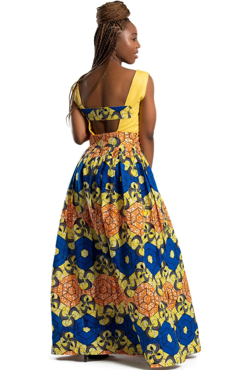 Nontle African Print Maxi Dress (Yellow / Orange/ Blue) - Afrilege