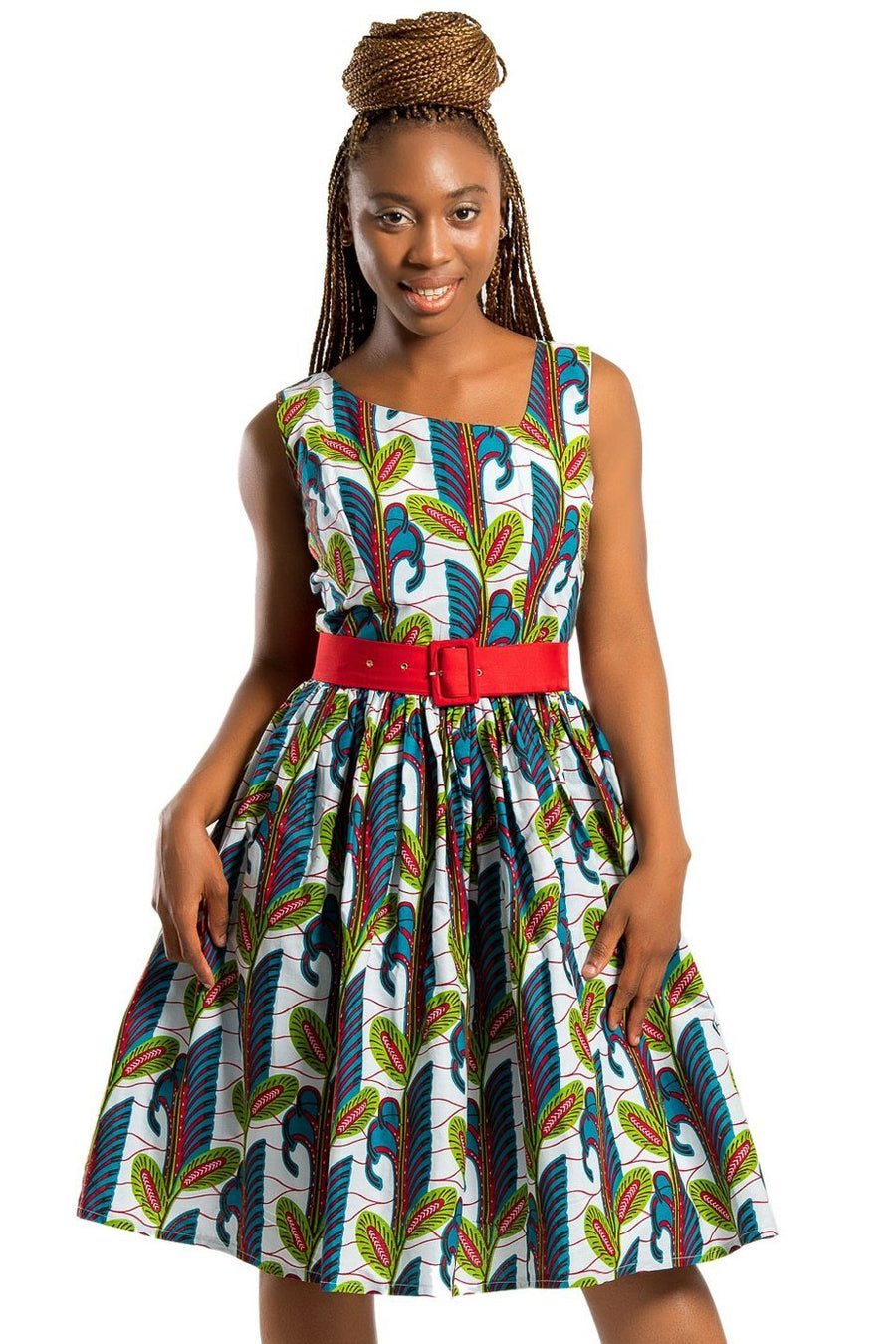 Sacnite African Print Floral Midi Dress - White / Blue/ Red Afrilege Sacnite African Print Floral Midi Dress - White / Blue/ Red Afrilege