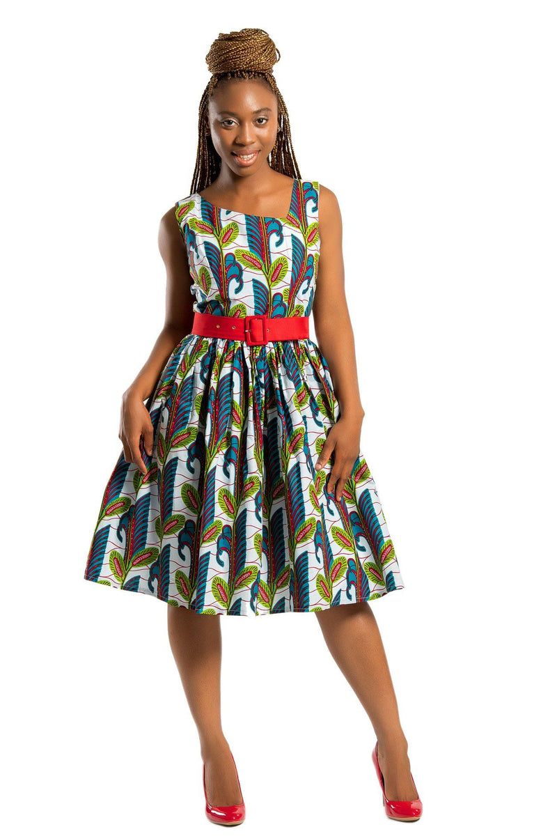 Sacnite African Print Floral Midi Dress - White / Blue/ Red - Afrilege