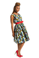 Sacnite African Print Floral Midi Dress - White / Blue/ Red - Afrilege