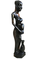 Ebony Hand Carving African Figurines statues / Woman with cornrows holding an empty jar and another jar at her feet - Afrilege