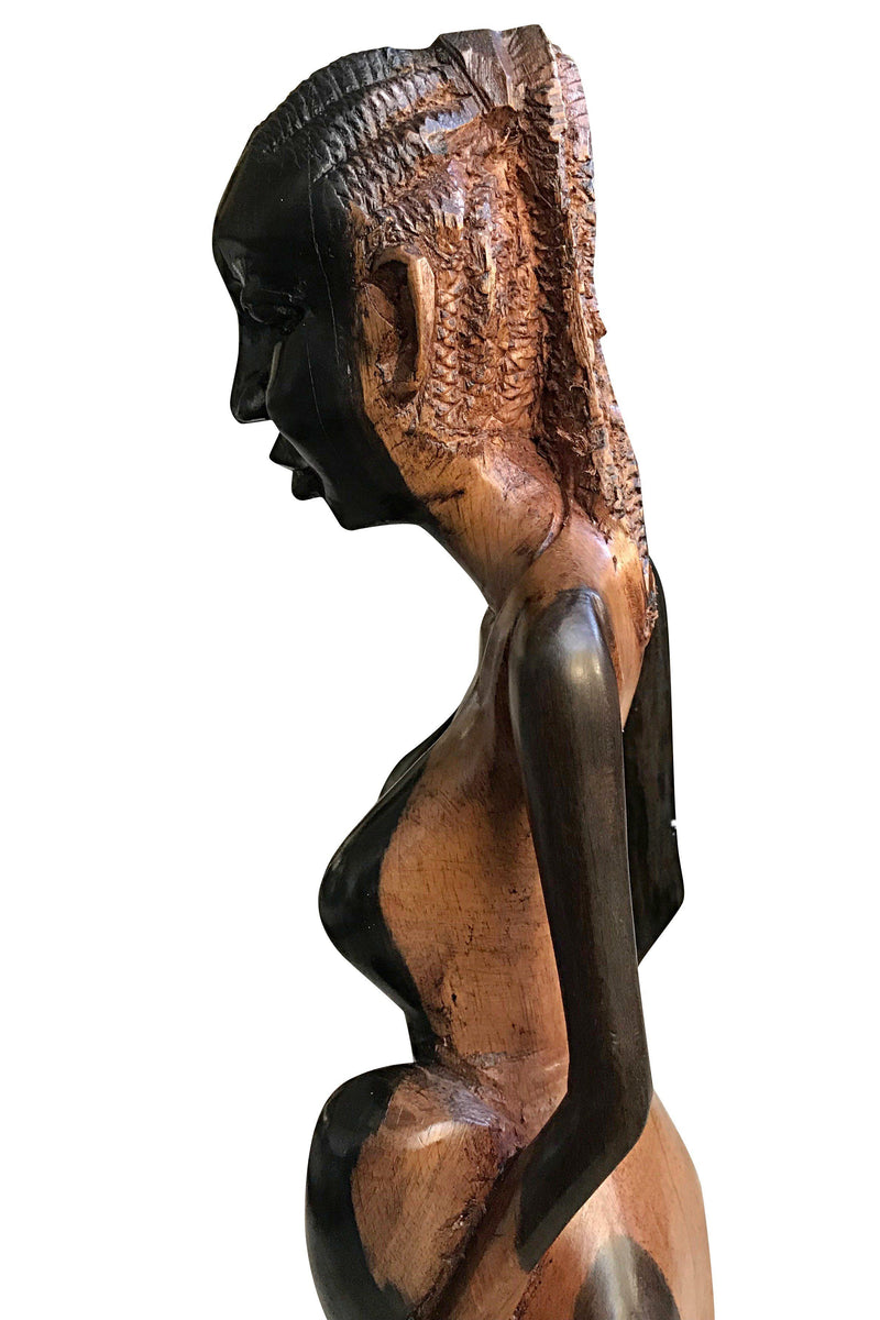 Ebony Hand Carving African Figurines statues / Woman with cornrows holding an empty jar and another jar at her feet - Afrilege