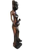 Ebony Hand Carving African Figurines statues / Woman with cornrows holding in her arms a jar and stepping foot on another jar - Afrilege