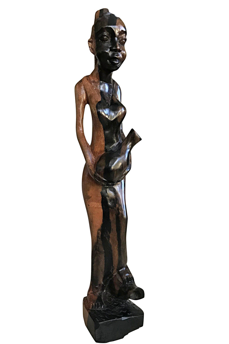Ebony Hand Carving African Figurines statues / Woman with cornrows holding in her arms a jar and stepping foot on another jar - Afrilege