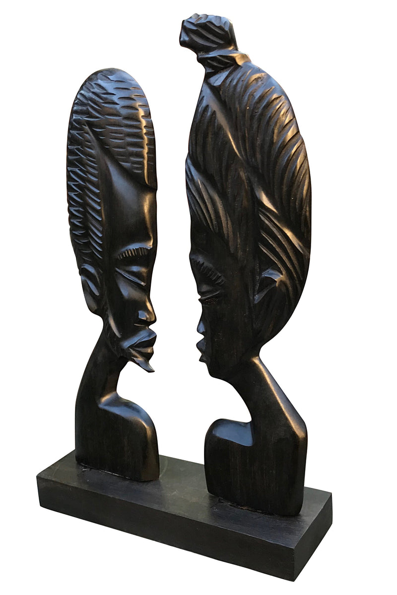 African Couple Head Ebony Wood Carved statue - Afrilege