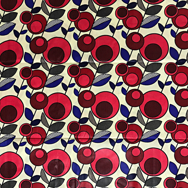 100% Cotton African Print Fabric (6 yards) - Beige/ Red / Blue - Afrilege