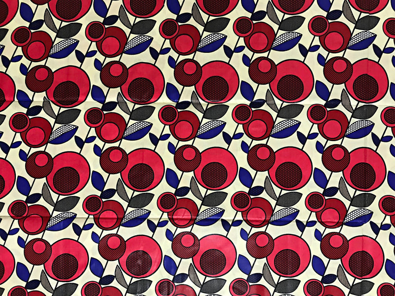 100% Cotton African Print Fabric (6 yards) - Beige/ Red / Blue - Afrilege