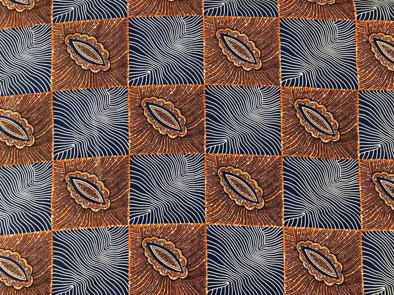 100% Cotton African Print Fabric (6 yards) - Blue / Orange - Afrilege