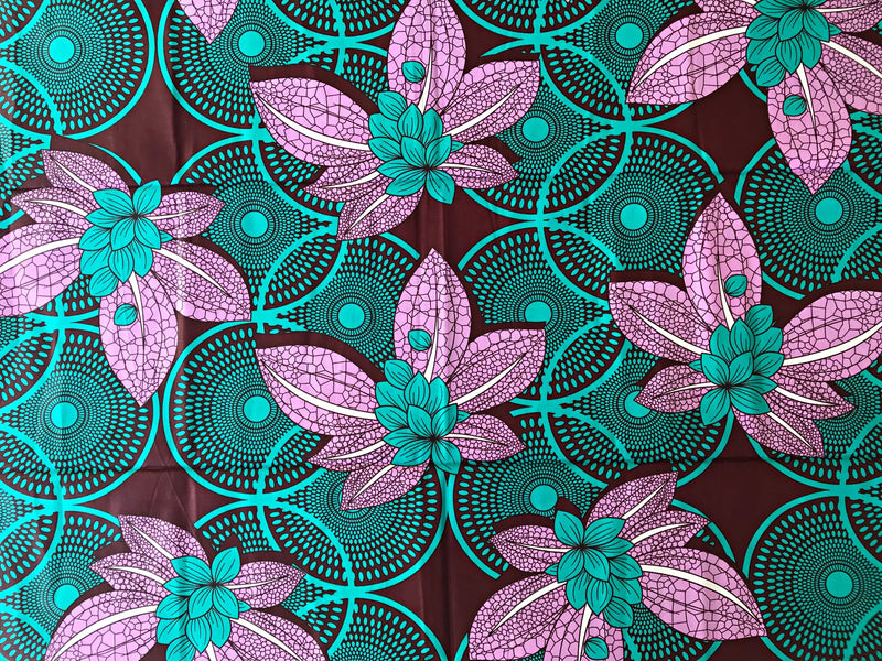 100% Cotton African Print Fabric (6 yards) - Bordeau / green/ Pink - Afrilege