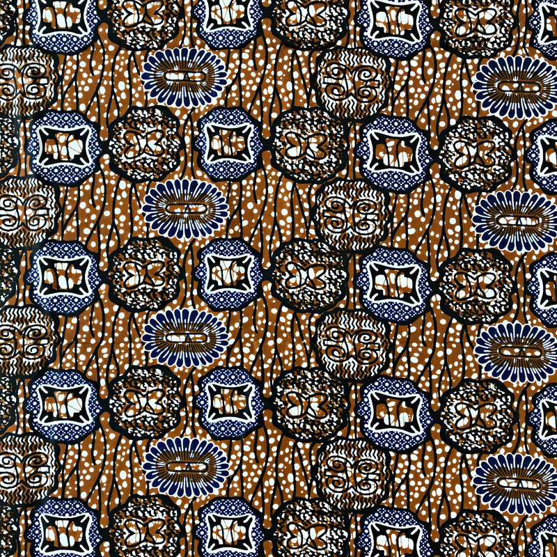 100% Cotton African Print Fabric (6 yards) - Brown / Blue - Afrilege