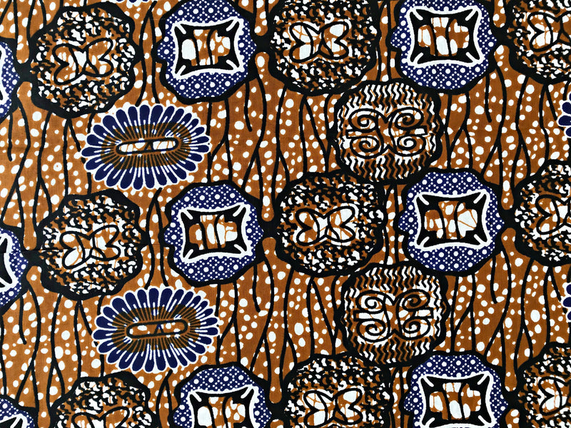 100% Cotton African Print Fabric (6 yards) - Brown / Blue - Afrilege