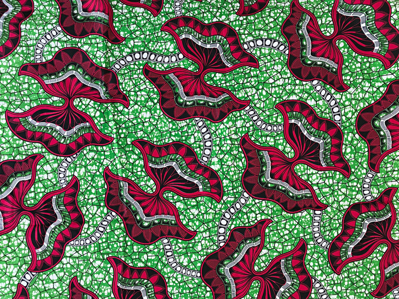 100% Cotton African Print Fabric (6 yards) - Green / Red - Afrilege