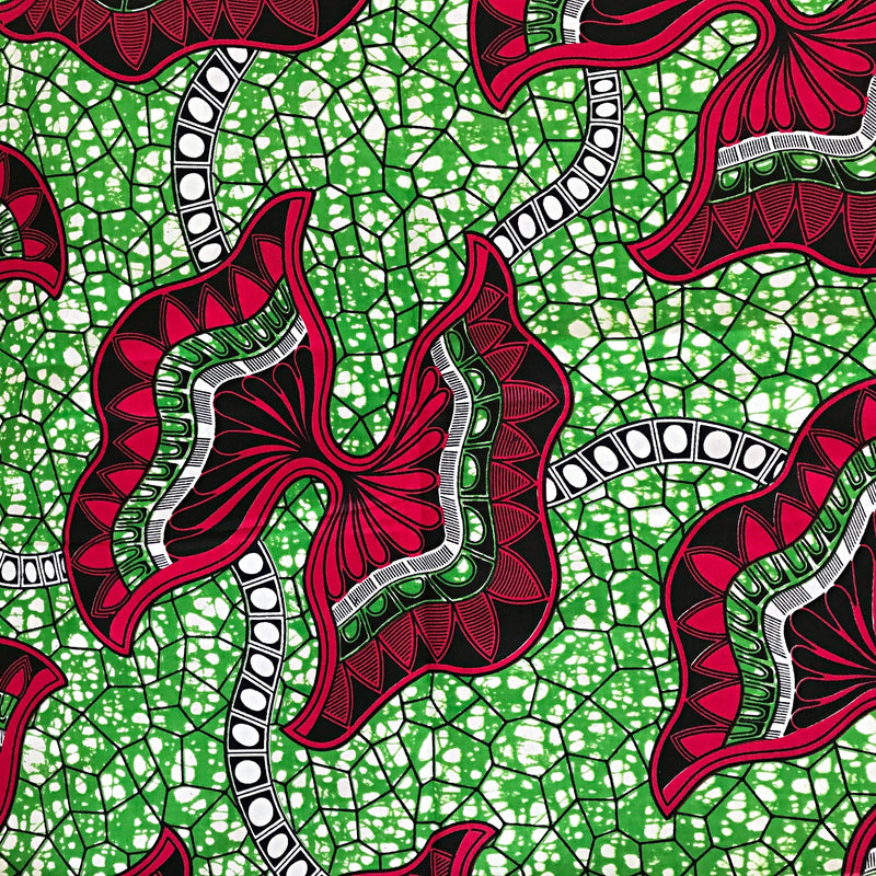 100% Cotton African Print Fabric (6 yards) - Green / Red - Afrilege