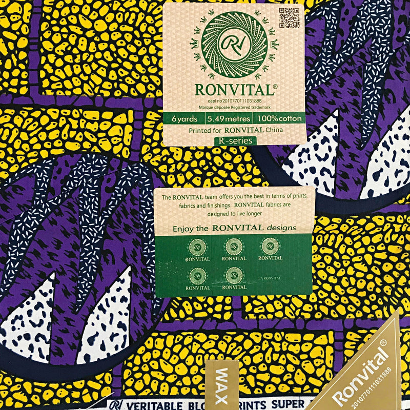100% Cotton African Print Fabric (6 yards) - Yellow / Purple - Afrilege