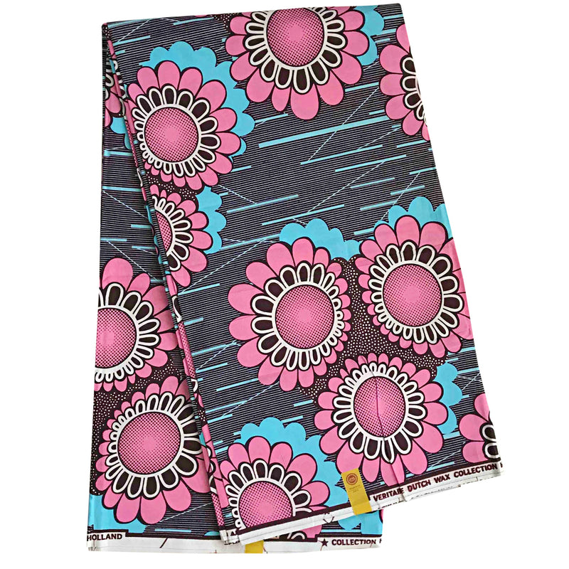 100% Cotton African Super Wax Fabric (6 yards) - Blue / Pink - Afrilege