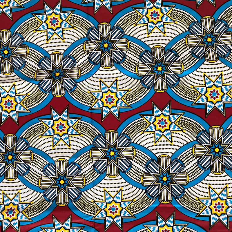 100% Cotton African Super Wax Fabric (6 yards) - Blue / Red / Yellow - Afrilege