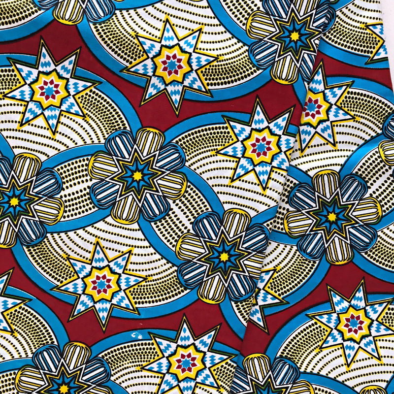 100% Cotton African Super Wax Fabric (6 yards) - Blue / Red / Yellow - Afrilege