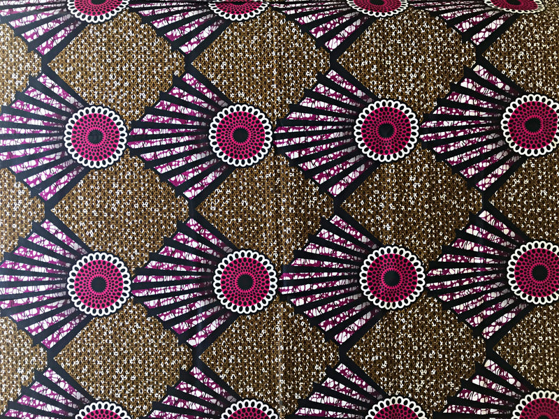 100% Cotton African Super Wax Fabric (6 yards) - brown / Pink - Afrilege