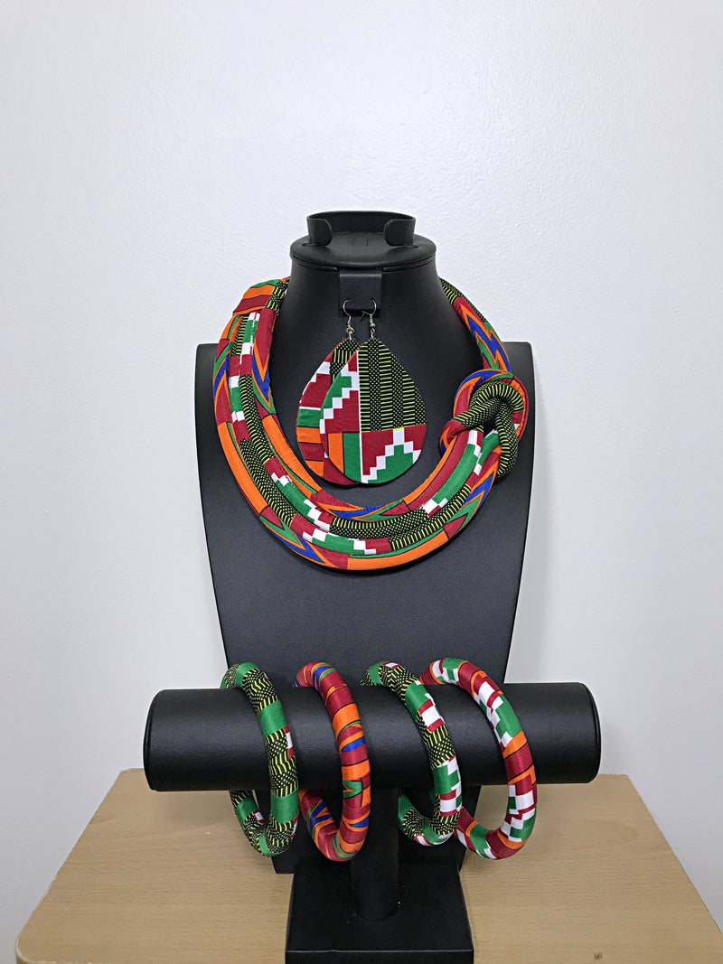 Neela Bamileke African Print Knot Jewelry Set ( Necklace - Bracelets - earrings) - Afrilege