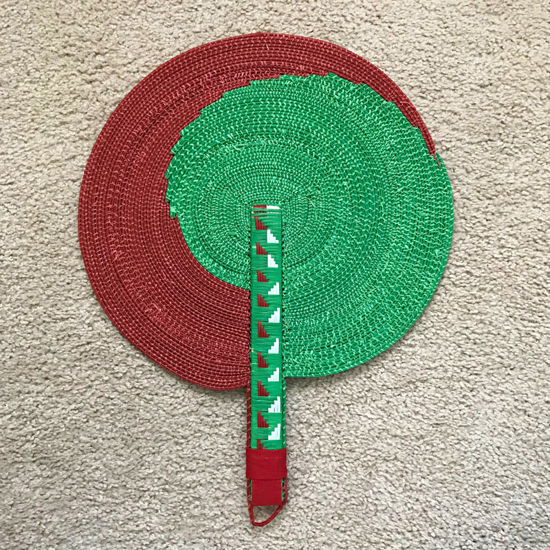 African woven hand fan from recycled plastics - Green / Red - Afrilege