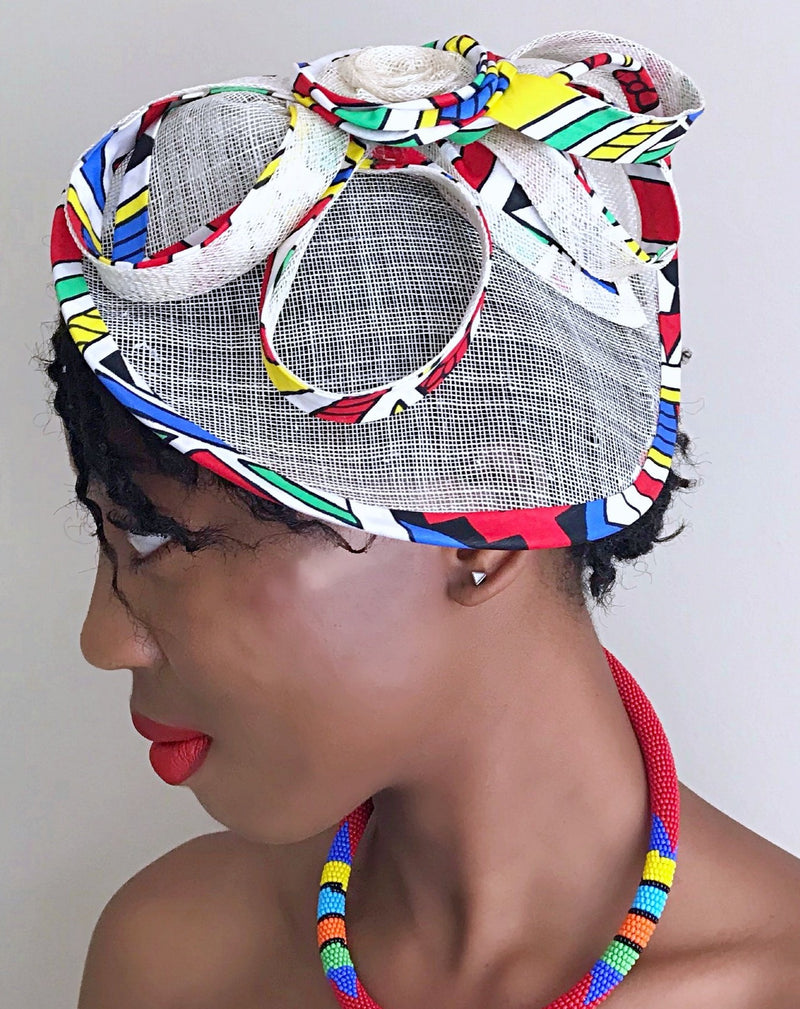 African Print Fascinator hair clip hat - Blue/ Red/ White/ yellow - Afrilege