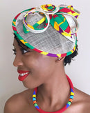 African Print Fascinator hair clip hat - Green/ red / yellow - Afrilege
