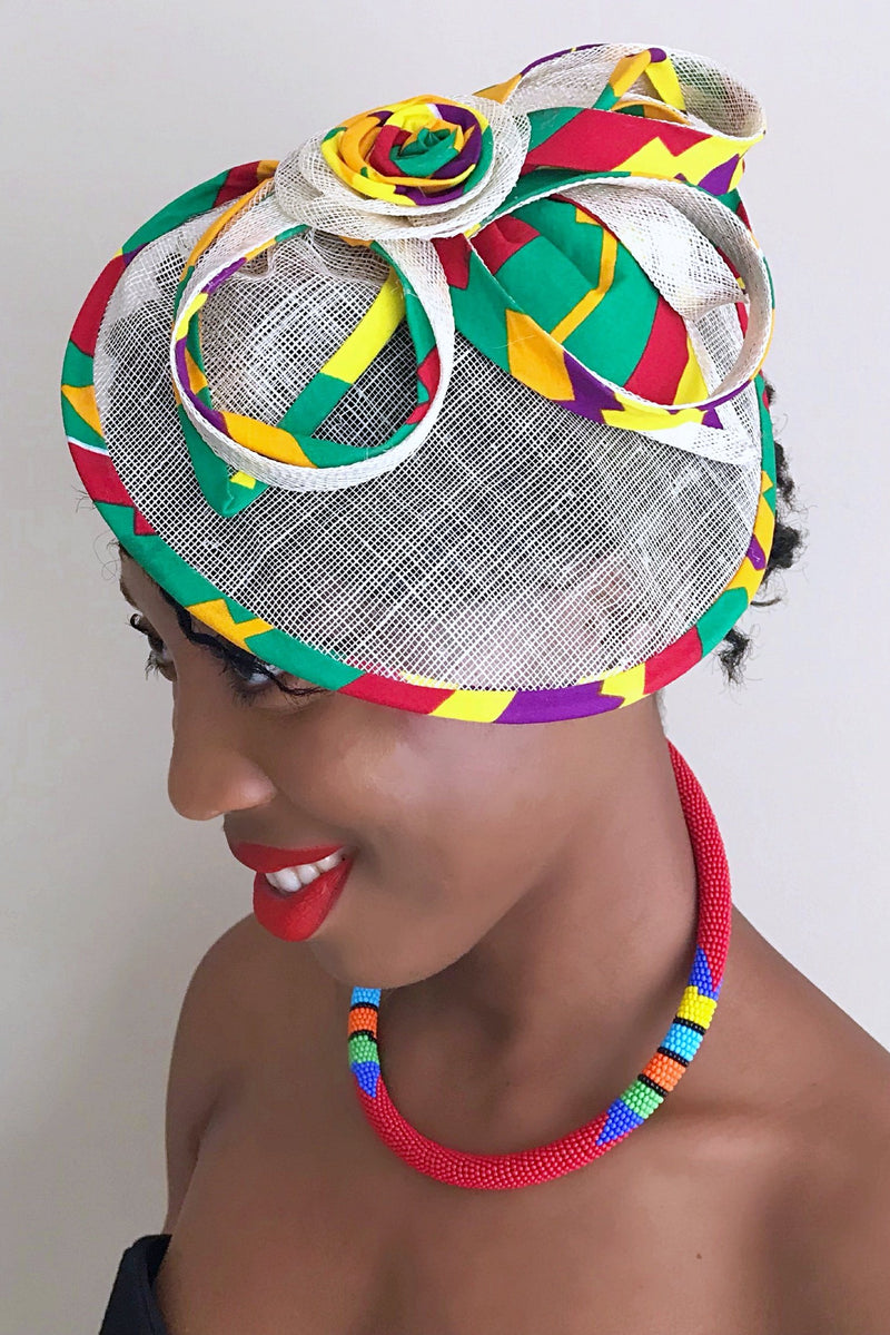 African Print Fascinator hair clip hat - Green/ red / yellow - Afrilege