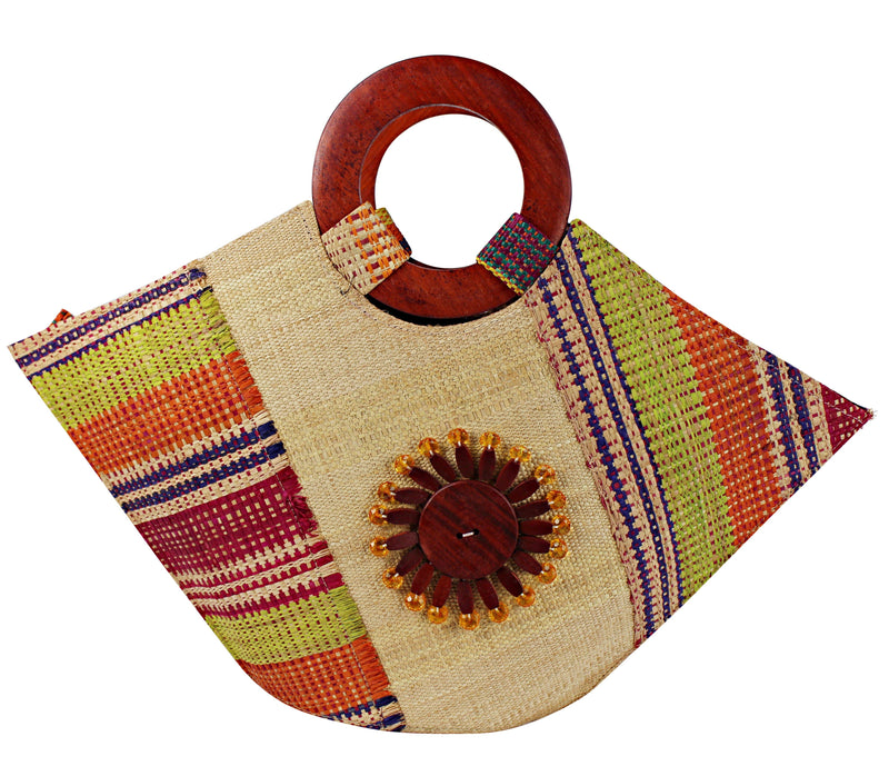 African Hand Woven Raffia Fibers Basket Bag with Wooden Handle - Afrilege
