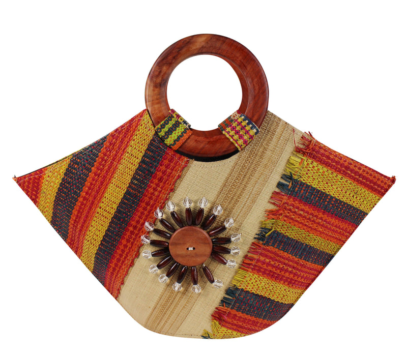 African Hand Woven Raffia Fibers Basket Bag with Wooden Handle - Afrilege