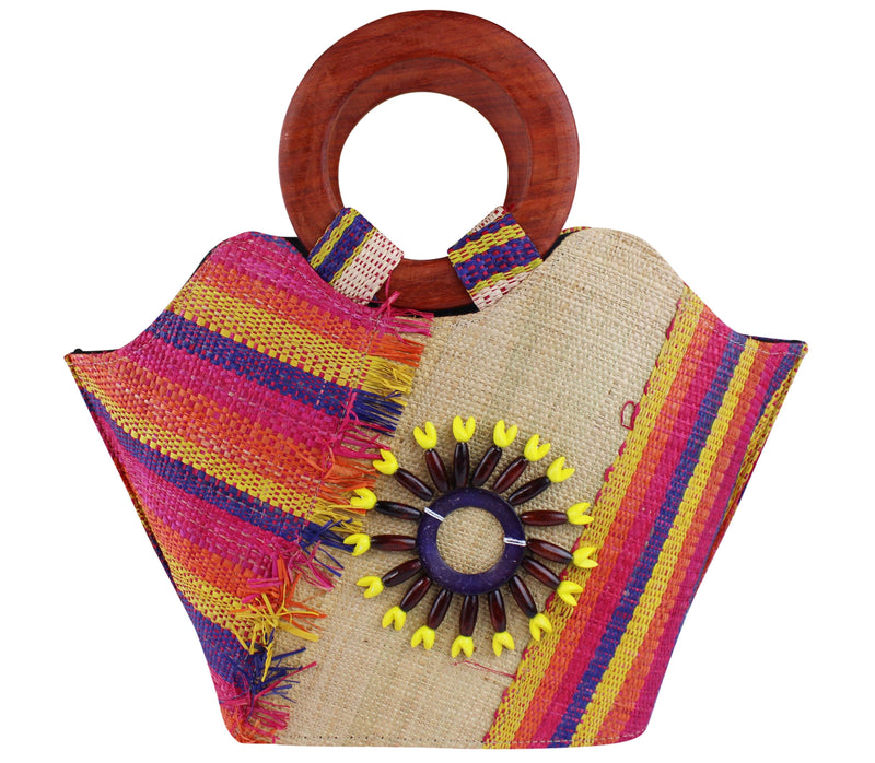 African Hand Woven Raffia Fibers Handbag with Wooden Handle - Afrilege