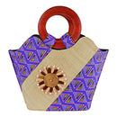 Nina Hand Woven Raffia Fibers African Print Basket Bag with wood handle - purple / Pink - Afrilege