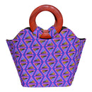 Nina Hand Woven Raffia Fibers African Print Basket Bag with wood handle - purple / Pink - Afrilege