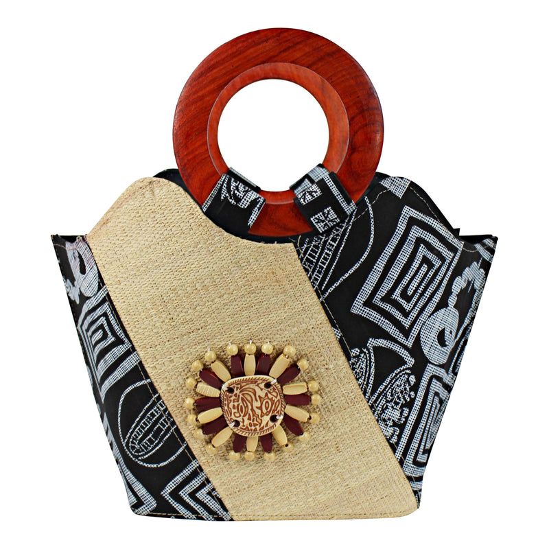 Bamileke Hand Woven Raffia Fibers African Basket bag with wood handle - Medium - Afrilege