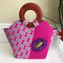 Ebele Hand Woven Raffia Fibers African Print Basket Bag with wood handle - purple / Pink - Afrilege