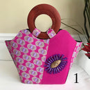 Ebele Hand Woven Raffia Fibers African Print Basket Bag with wood handle - purple / Pink - Afrilege