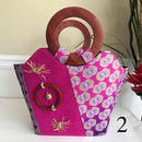 Ebele Hand Woven Raffia Fibers African Print Basket Bag with wood handle - purple / Pink - Afrilege