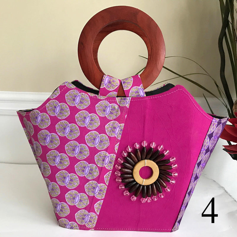 Ebele Hand Woven Raffia Fibers African Print Basket Bag with wood handle - purple / Pink - Afrilege