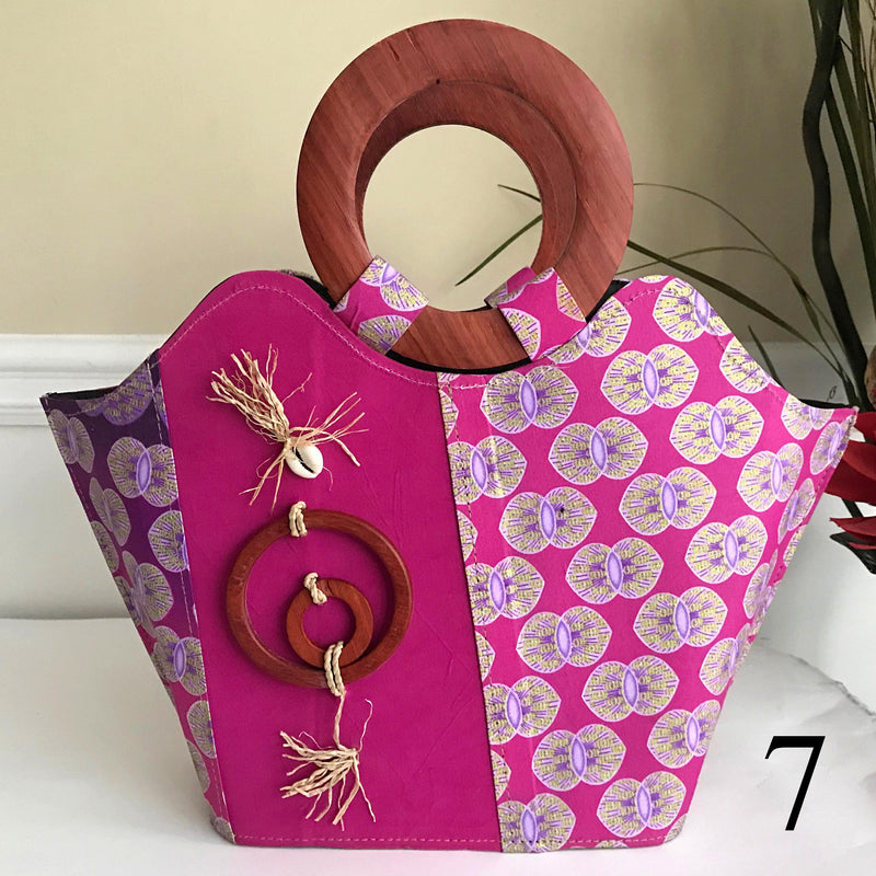 Ebele Hand Woven Raffia Fibers African Print Basket Bag with wood handle - purple / Pink - Afrilege