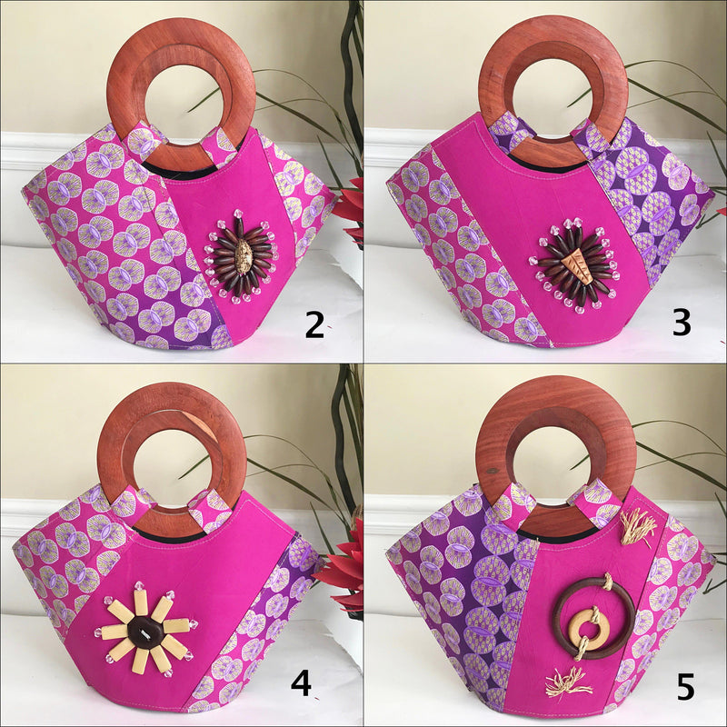 Ebele Hand Woven Raffia Fibers Basket African Bag with wood handle - pink - Afrilege