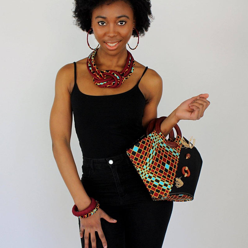Hadja Hand Woven Raffia Fibers African Bag - Black / Green / Red - Afrilege