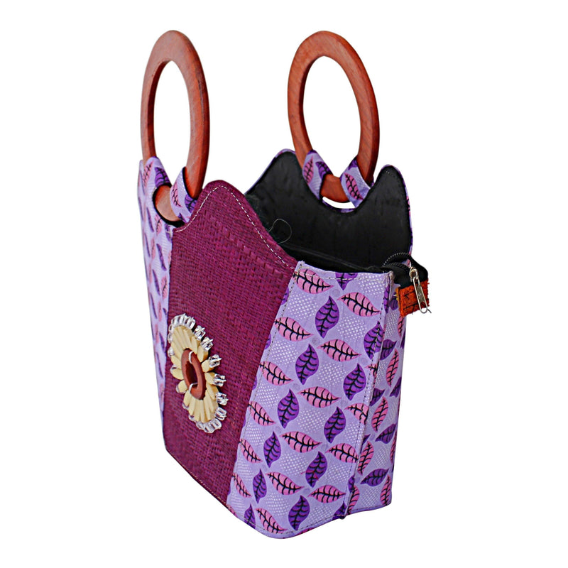 Hannah Hand Woven Raffia Fibers Basket African bag with wood handle - Light purple - Afrilege