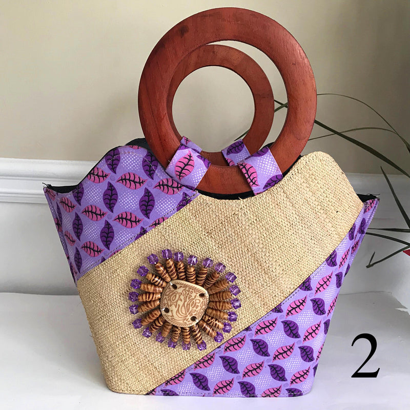 Hannah Hand Woven Raffia Fibers Basket African bag with wood handle - Light purple - Afrilege