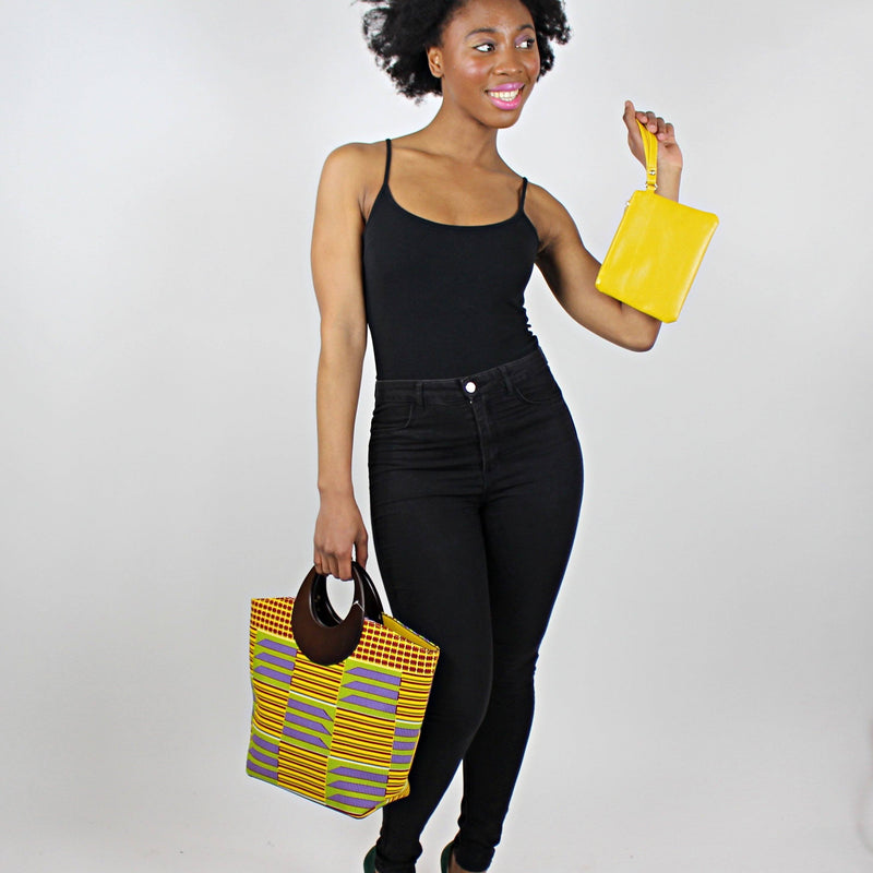 Kente African Print Bag with purse - Yellow / Purple - Afrilege