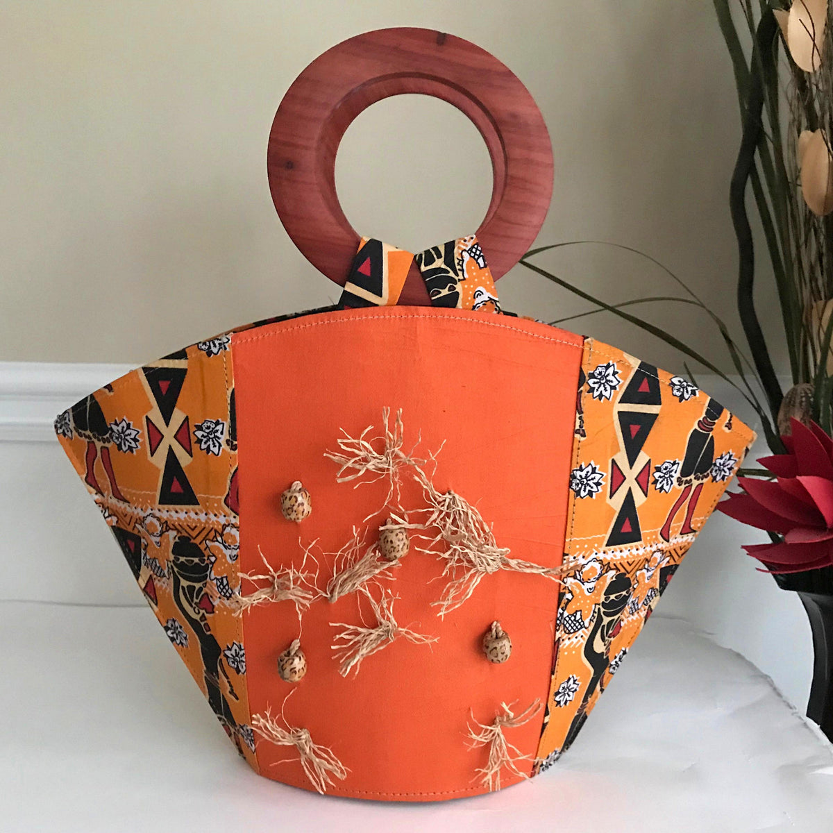 Masika Hand Woven Raffia Fibers African Basket Bag with Wood