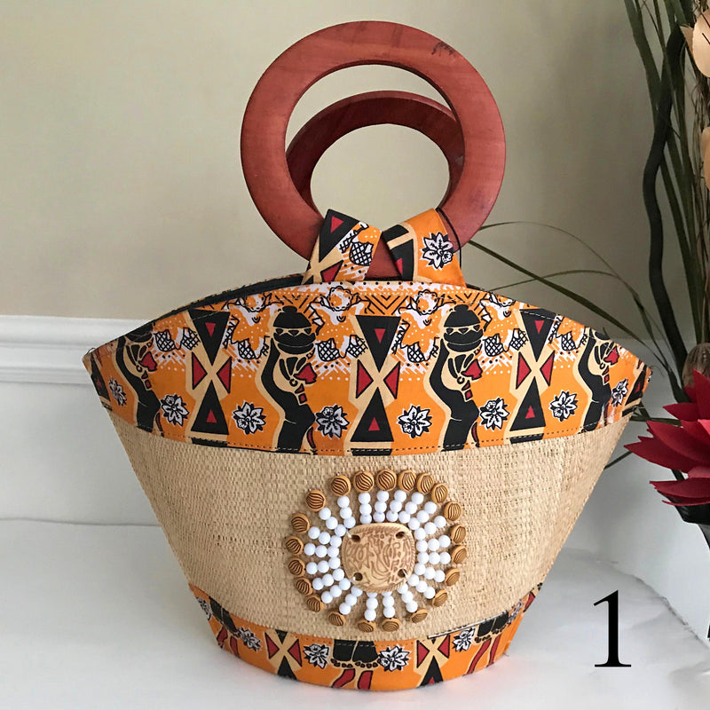 Masika Hand Woven Raffia Fibers African Basket bag with wood handle - Big - Afrilege